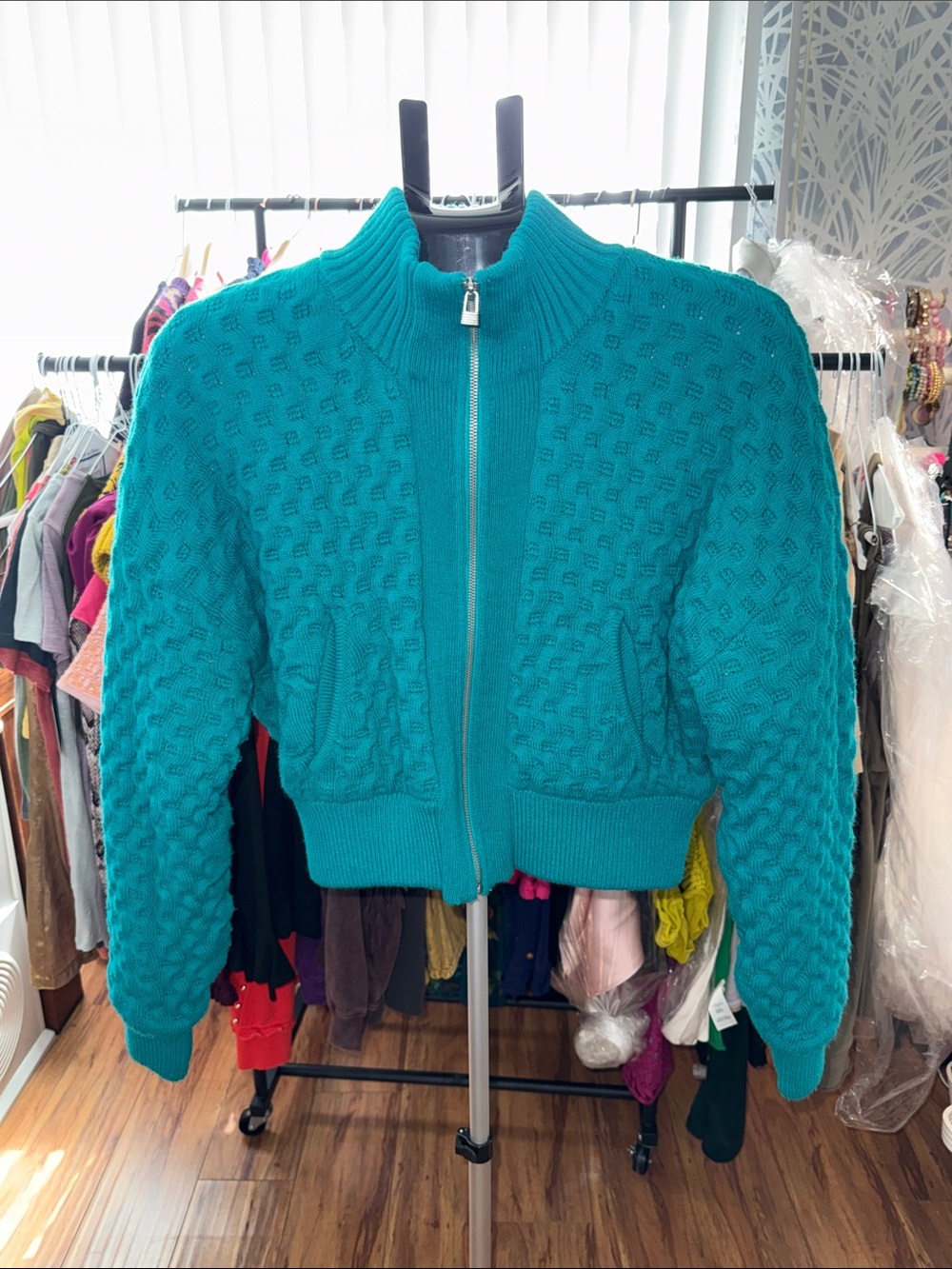 Urban Outfitters Teal Cable-Knit Zip Front Bomber Jacket
